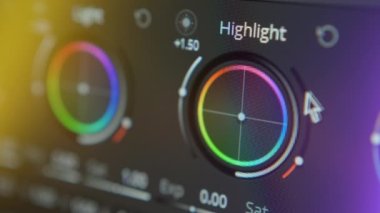 Renk derecelendirme yakın çekim. Video veya fotoğraf sonrası çekimleri. Fotoğraf ve video düzenleme yazılımı. Highlitht yüzüğüyle çalışıyor. HDRI