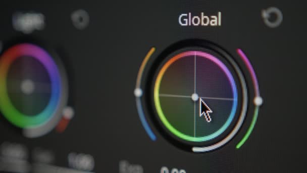 Close-up of color grading. Postproduction of video or photo. Professional photo and video editing software. Working with Color Global. DaVinci resolve. HDRI. — Stock Video