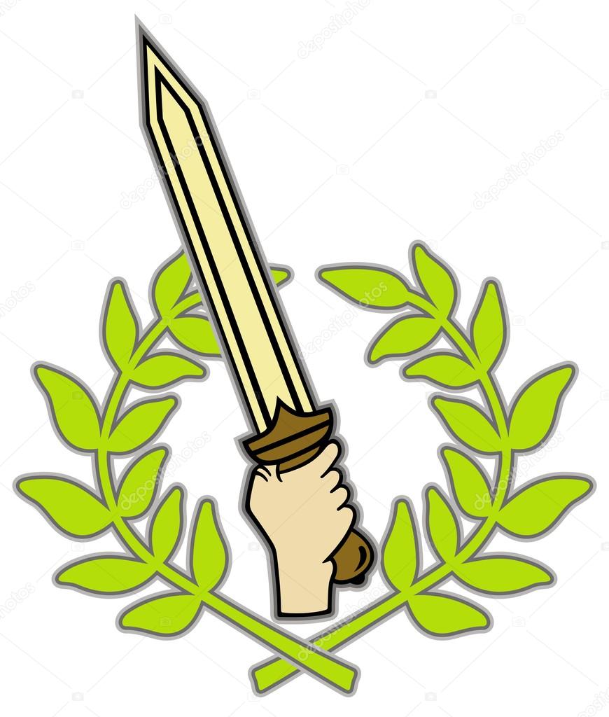 Roman logo composed from a sword and a leaf crown.