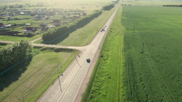 Luftaufnahme der Autobahn mit vorbeifahrenden Autos und Lastwagen an kleinen Dörfern und grünen Feldern und Wiesen. — Stockvideo