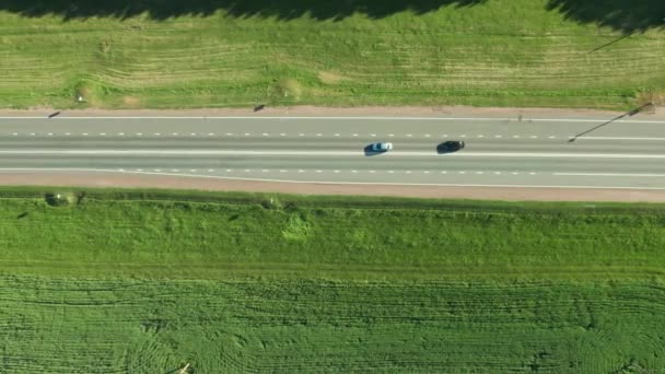Légi felvétel az autópályáról, elhaladó autókkal és teherautókkal. Lapos felülnézet — Stock videók