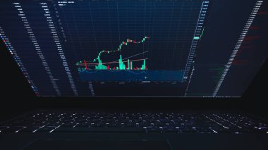 Laptop screen with stock market charts. Technical analysis and fundamental indicators of stock quotes in the trading terminal. Japanese candlesticks and company tickers. clipart