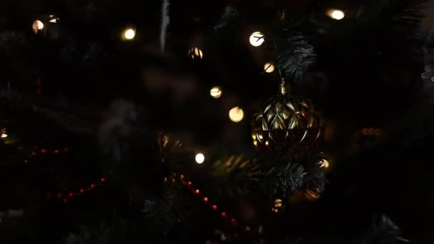 Dekoracje świąteczne na gałęziach choinki zbliżenie na tle światła girlandy migoczące ciepłym światłem. — Wideo stockowe