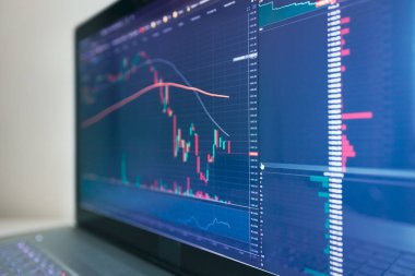 Borsa çizelgeleriyle dizüstü bilgisayar ekranı. Teknik analiz ve ticaret terminalindeki hisse senetlerinin temel göstergeleri. Japon şamdanları ve şirket saatleri..