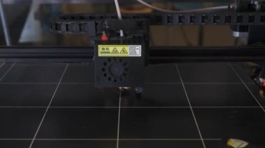 3D yazıcı yakın planda çalışıyor. Yüksek teknoloji, ısıtılmış polimer malzemeli plastik parçaların hızlı basımı. Makine modern bir prototip nesnesi oluşturur