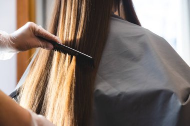 Usta kuaför yıkandıktan sonra ve güzellik salonunda stil yapmadan önce kızların saçlarını tarar. Kapat.