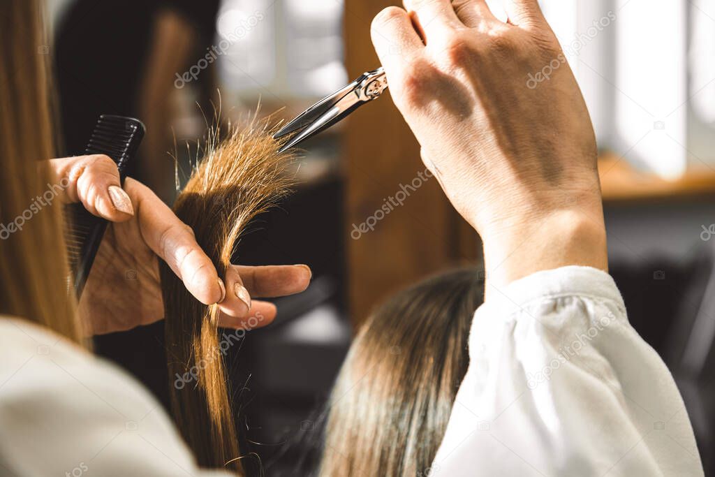 The master hairdresser cuts the ends of the girls hair after washing and before styling in the beauty salon.