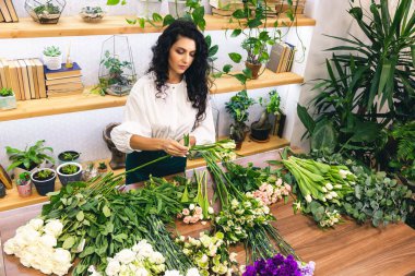 Çekici genç bayan çiçekçi bir çiçekçide çalışıyor..
