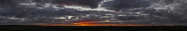 Weites Panorama Einer Flachen Landschaft Mit Dunklen Wolken Bei Sonnenuntergang — Stockfoto