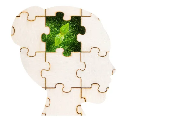 Young Plant Coming Missing Piece Female Head Jigsaw Puzzle Isolated — Stock Photo, Image