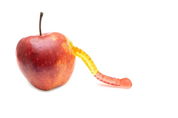 Gummy Worm Coming Out Fresh Red Apple Isolated White — Stock Photo, Image