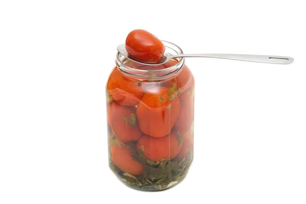 Pickled Tomato Spoon Top Jar Isolated White — Stock Photo, Image