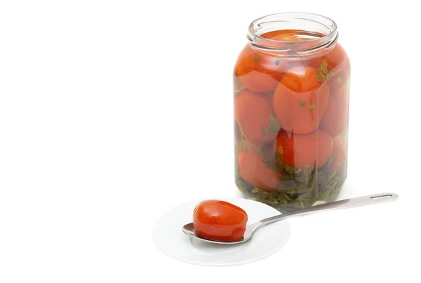 Pickled Tomato Spoon White Saucer Jar Salted Plum Tomatoes Isolated — Stock Photo, Image