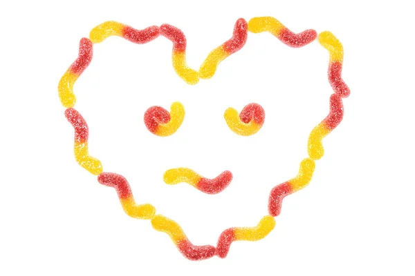 Antropomorfe Hartvormige Gezichtssymbool Gemaakt Van Gummiwormen Geïsoleerd Witte Achtergrond — Stockfoto