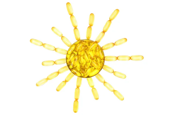 脂肪酸鱼油软糖被排列成一个太阳符号 与白色背景隔离 用于皮肤护理和紫外线防护的营养补充剂 — 图库照片