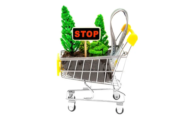 Small Push Cart Toy Forest Set Dollar Bills Stop Sign — Photo