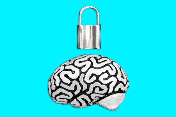 Anatomical Copy Human Brain Steel Padlock Isolated Blue Background Locked — ストック写真