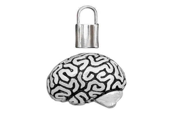 Stalowa Kopia Ludzkiego Mózgu Małą Kłódką Odizolowaną Białym Tle Koncepcja — Zdjęcie stockowe