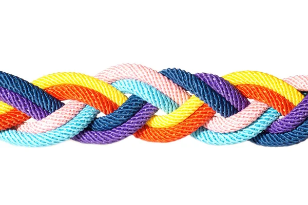 Six Multicolored Cords Braided Together Isolated White Background Integration Concept — Stock Photo, Image
