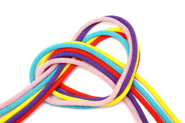 Forma Corazón Hecha Cinco Cordones Multicolores Atados Juntos Aislados Sobre — Foto de Stock