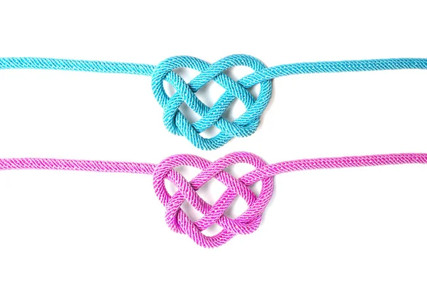 Blue Pink Colored Cord Heart Shaped Celtic Knots Isolated White — Stock Photo, Image