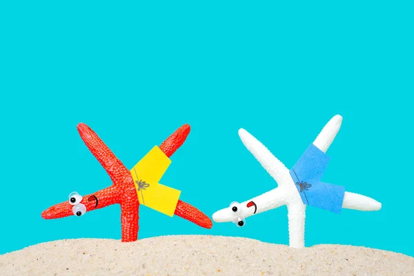 Два Персонажа Морской Звезды Делают Одну Руку Стоящую Песчаном Пляже — стоковое фото