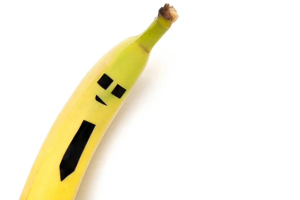 Bananenfiguur Met Een Zwarte Stropdas Geïsoleerd Wit Creatief Bananenconcept — Stockfoto