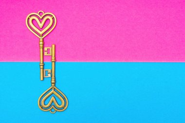 Canlı bir zıtlık arka planında iki antika kalp şeklinde iskelet anahtar. Kopyalama alanı ile yaratıcı romantik kavram.