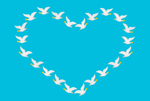Καρδιά Σύμβολο Που Διοργανώνεται Από Λευκούς Γλάρους Ένα Γαλάζιο Φόντο — Φωτογραφία Αρχείου
