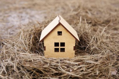 Yerdeki kuş yuvasına yerleştirilmiş minyatür ahşap bir ev. Aile evi yatırım konsepti.