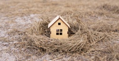 Yerdeki bir kuş yuvasına yerleştirilmiş gerçekçi ahşap ev modeli. Evini sıcak bir aile yuvasına çeviriyor..