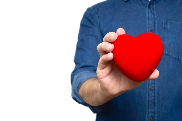 Man Holding Large Red Heart Shape Hand Isolated White Background — Φωτογραφία Αρχείου