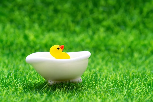 Tiny yellow duck in a miniature white bathtub isolated on green grass background with copy space.