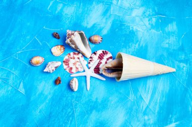 Dondurmalı waffle külahı ve deniz kabukları su taklidi yapan mavi bir arka planda. Yaratıcı yaz tatili konsepti.