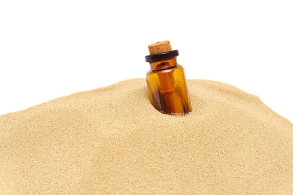 Close Miniature Bottle Paper Roll Placed Sand Dune Isolated White — Stock Photo, Image