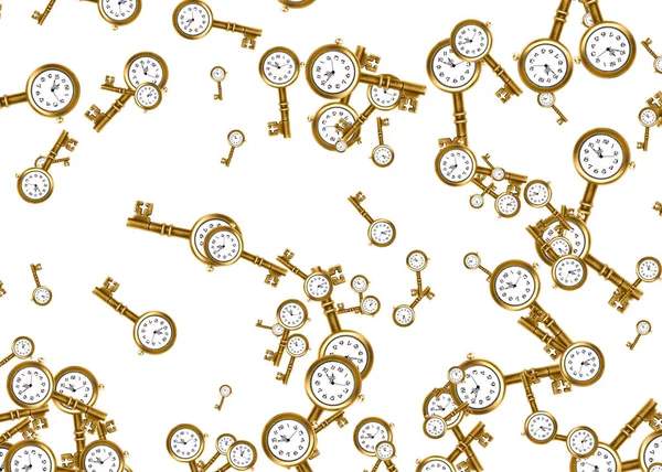 Abstract Background Made Skeleton Key Shaped Bronze Watches Scattered White — Foto Stock