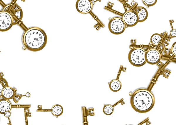 Large Group Skeleton Key Shaped Antique Watches White Background — 스톡 사진