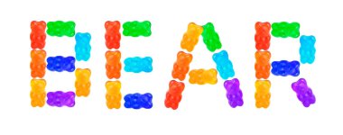 Kelime Ayısı beyaz arka planda izole meyveli renkli ayıcıklardan düzenlendi.