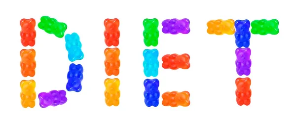 Colorful Gummy Bears Arranged Word Diet White Background Low Sugar — Stock Photo, Image