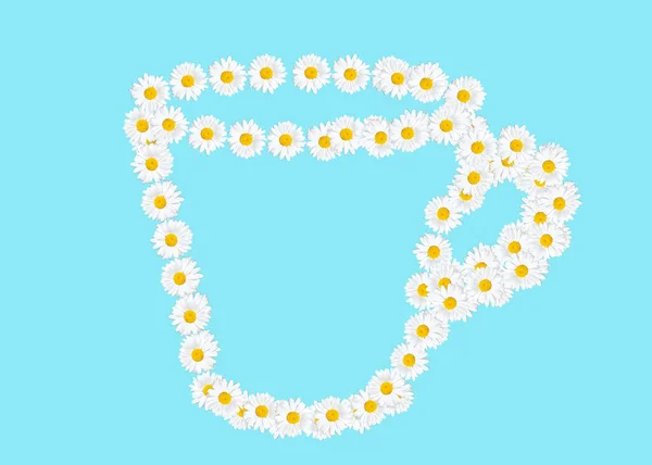 Cup Outline Made Daisy Flowers Blue Camomile Tea Background — Stock Photo, Image