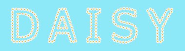 Word DAISY made from white chamomiles isolated on blue background. Springtime floral composition.