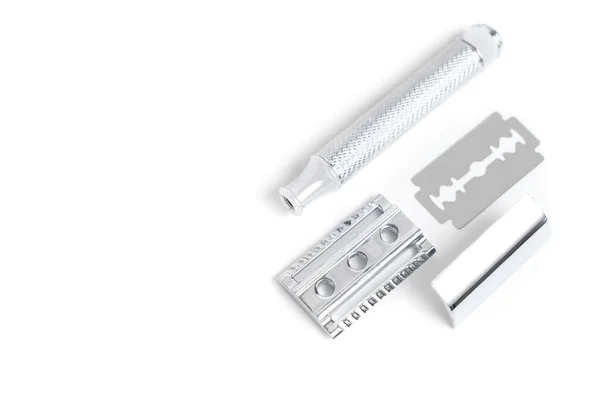Traditional Chrome Plated Closed Comb Safety Razor Disassembled White Background — Stockfoto