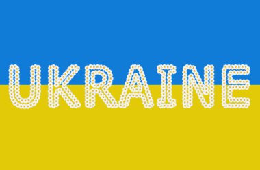 Word UKRAINE made from camomile flowers against a national flag background. Floral patriotic concept.