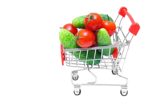 Miniature Shopping Trolley Full Cucumbers Cherry Tomatoes Isolated White Background — 图库照片