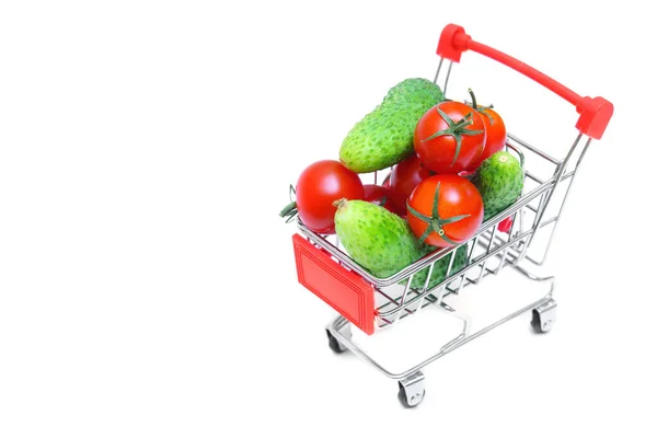 Pile Fresh Cucumbers Cherry Tomatoes Miniature Shopping Trolley Isolated White — Photo