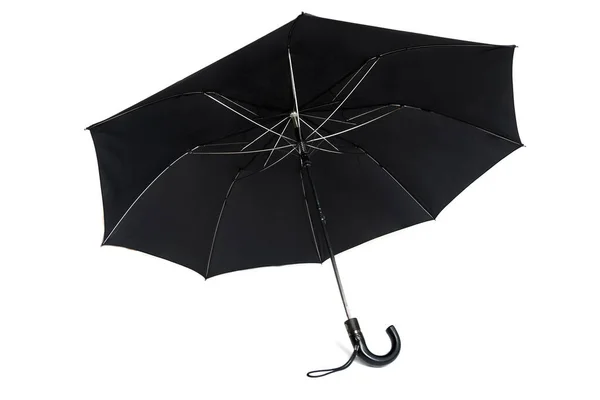 Unfolded Classic Black Rain Umbrella Isolated White Background — Photo
