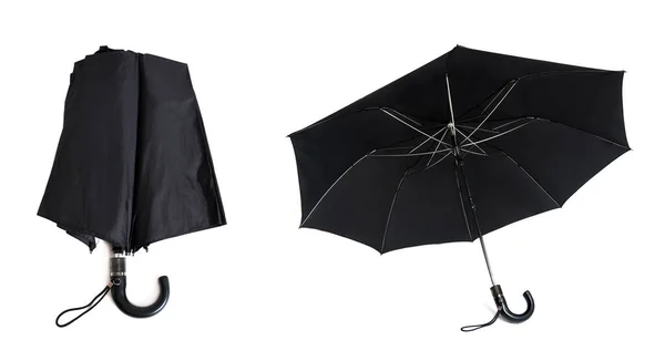 Folded Unfolded Black Rain Umbrellas Isolated White Background — Photo