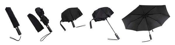 Black Rain Umbrella Set Isolated White Collapsed Umbrella Covered Folded — Photo