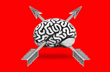 Two fathered steel arrows entered a human brain isolated on red background. Decision taking vector concept.