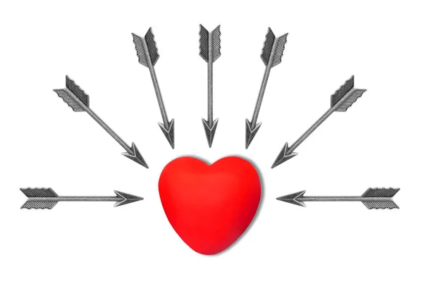 Group Steel Bow Arrows Aimed Red Heart White Background Heart — ストック写真